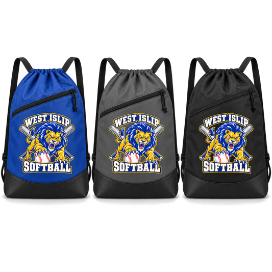 West Islip Softball Pounce Lion Polyester Zip-Pocket Drawstring Bag — Royal Blue / Black, Graphite Gray / Black, Black