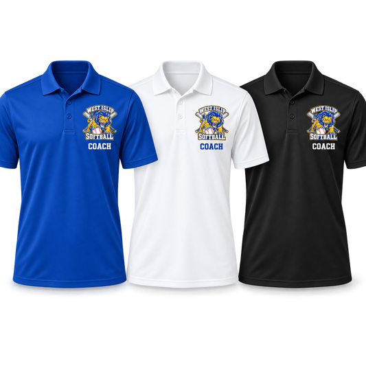 West Islip Softball Pounce Lion Coach Performance Polo — Royal Blue, White, Black