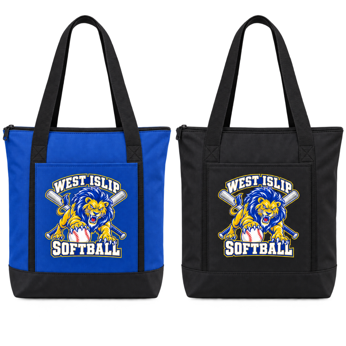 West Islip Softball Pounce Lion Insulated Zip Cooler Tote in Royal Blue / Black, Black