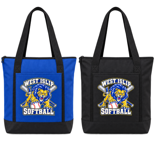 West Islip Softball Pounce Lion Insulated Zip Cooler Tote in Royal Blue / Black, Black
