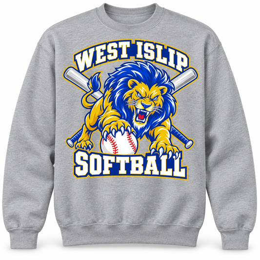 West Islip Softball Pounce Lion Crewneck Sweatshirt in Heather Gray, front view with white softball