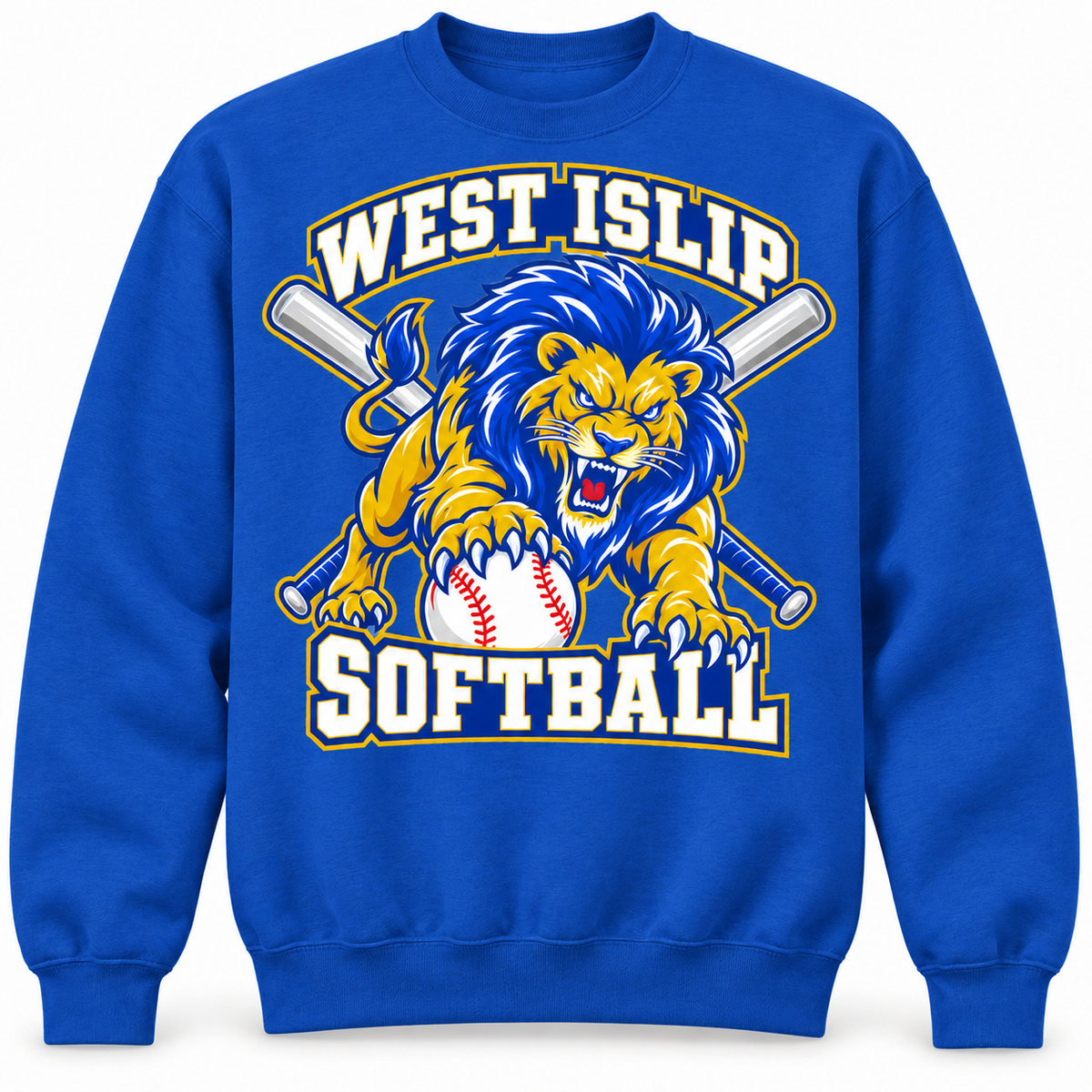 West Islip Softball Pounce Lion Crewneck Sweatshirt in Royal Blue, front view with white softball