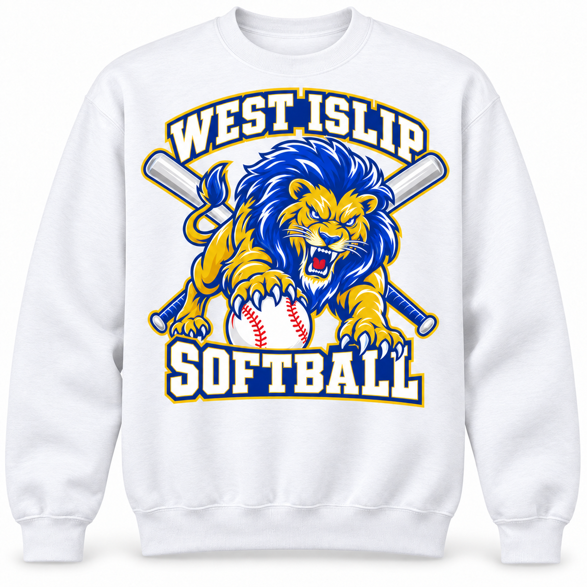 West Islip Softball Pounce Lion Crewneck Sweatshirt in White, front view with white softball