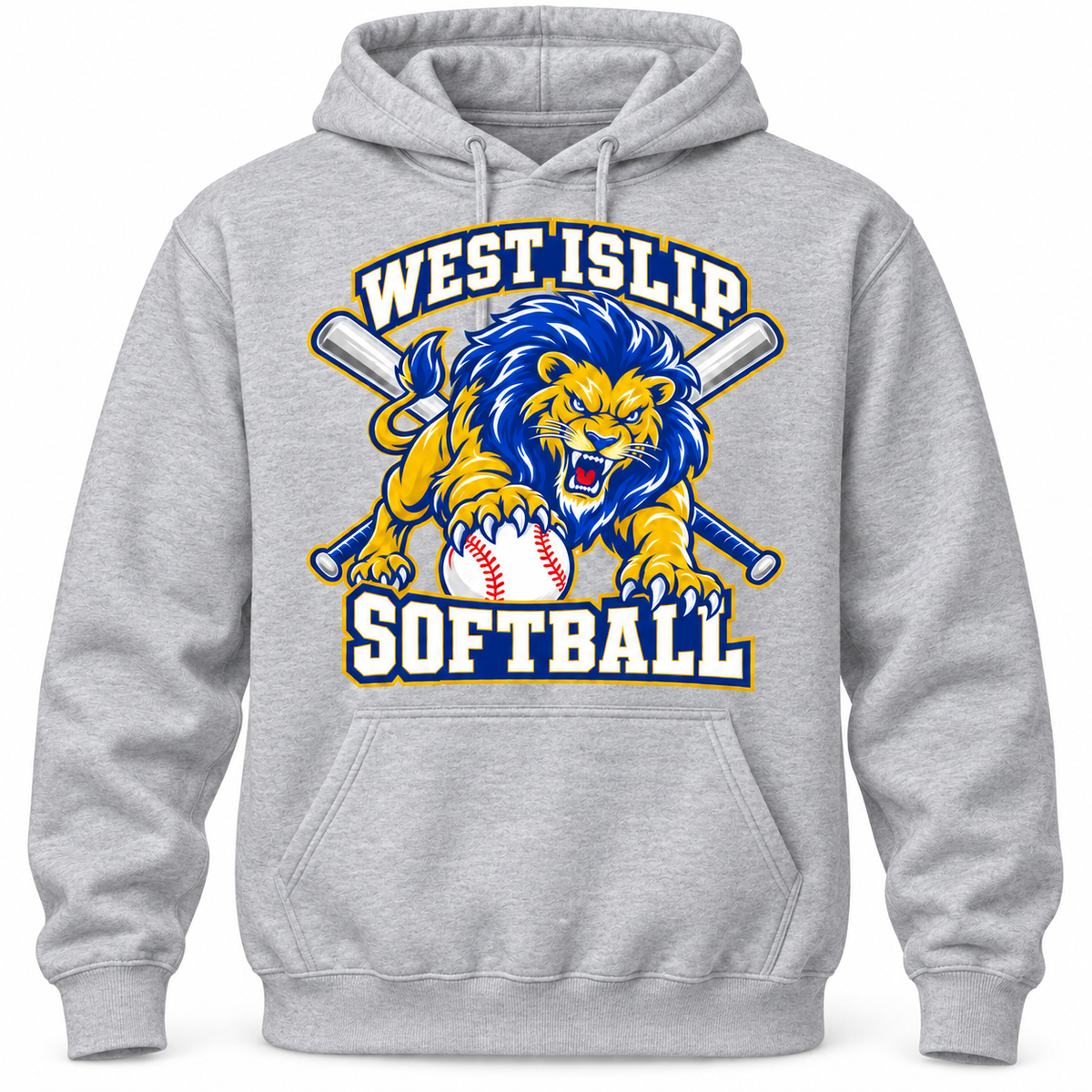 West Islip Softball Pounce Lion Pullover Hoodie in Heather Gray, front view with white softball