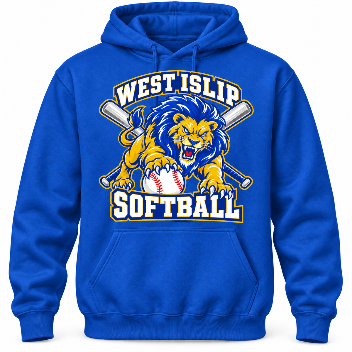 West Islip Softball Pounce Lion Pullover Hoodie in Royal Blue, front view with white softball
