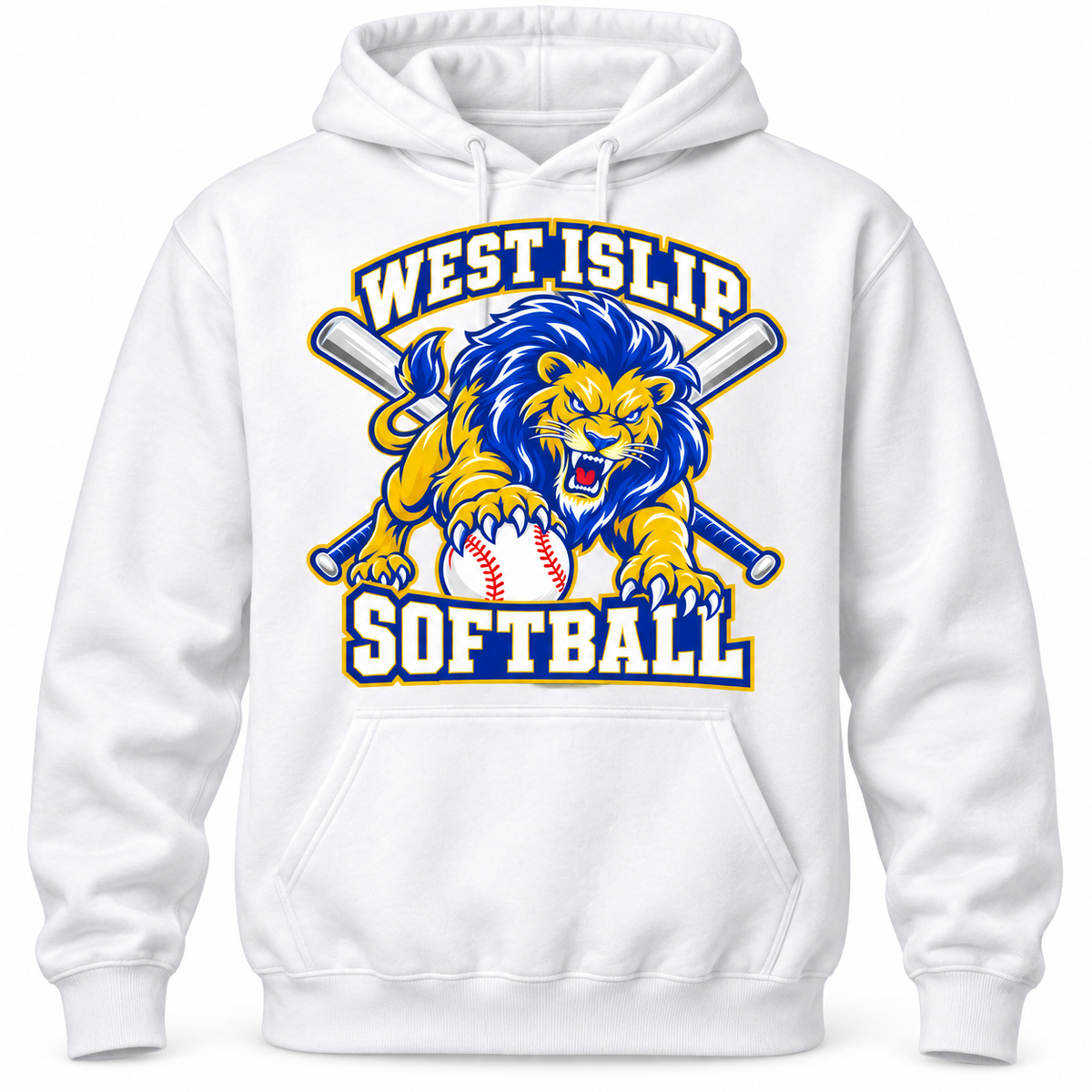 West Islip Softball Pounce Lion Pullover Hoodie in White, front view with white softball