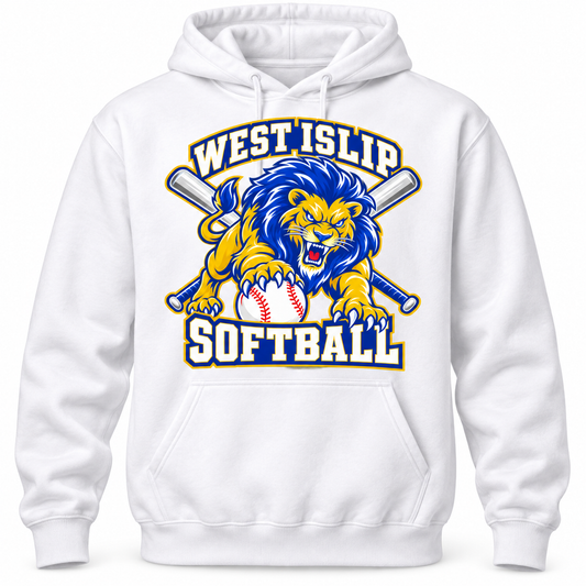 West Islip Softball Pounce Lion Pullover Hoodie in White, front view with white softball