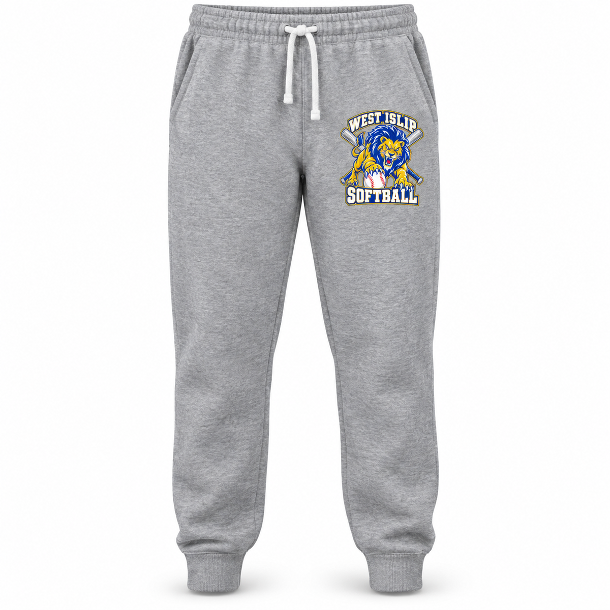 West Islip Softball Pounce Lion Joggers in Heather Gray, front view with white softball
