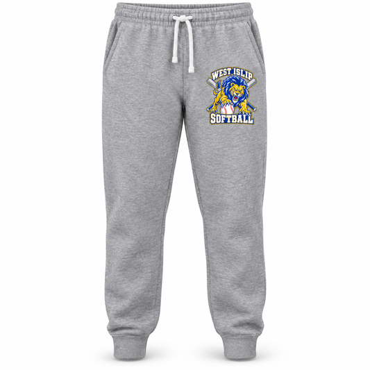 West Islip Softball Pounce Lion Joggers in Heather Gray, front view with white softball