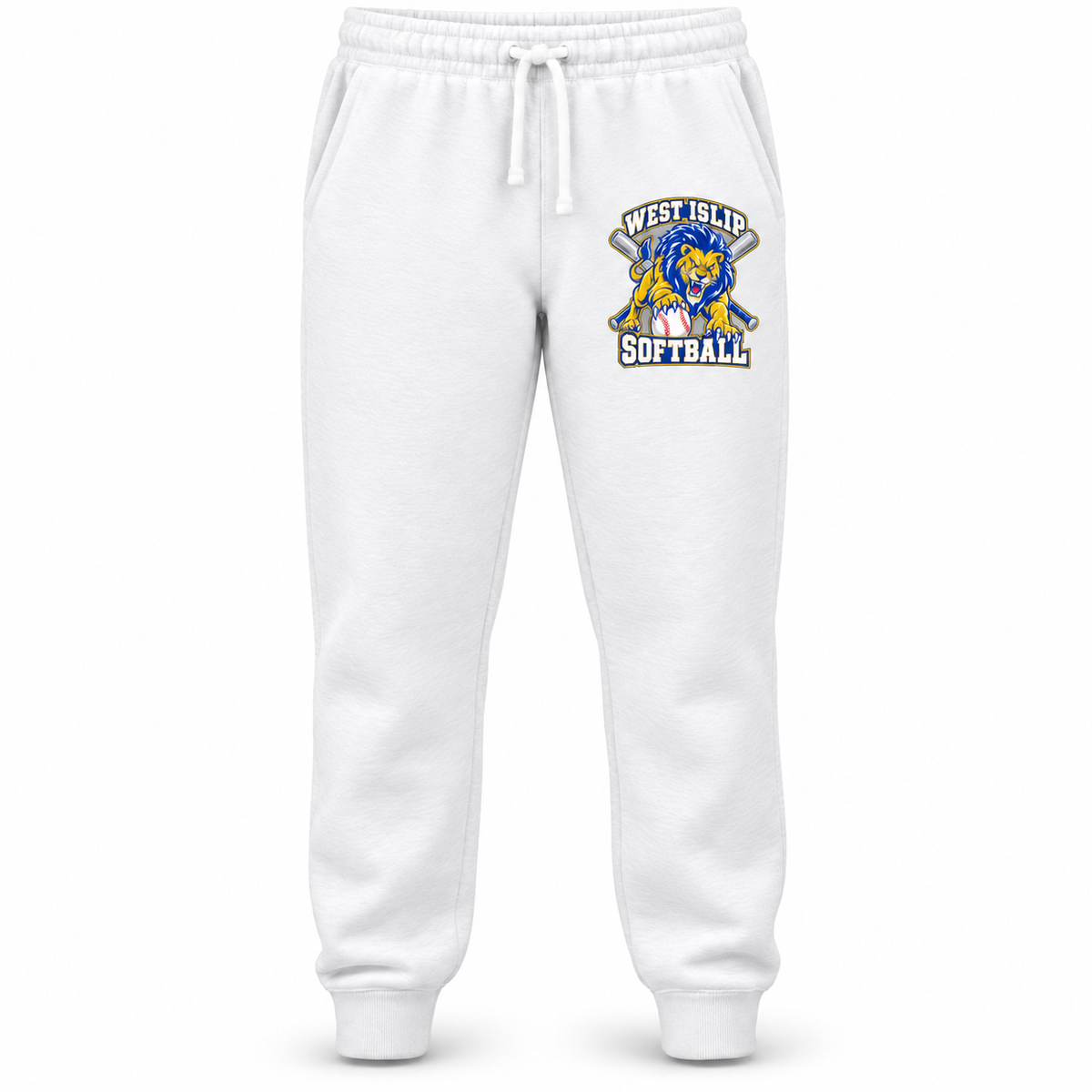 West Islip Softball Pounce Lion Joggers in White, front view with white softball