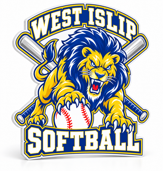 West Islip Softball Pounce Lion Lion Fan Cutout Sign — Royal, gold and white
