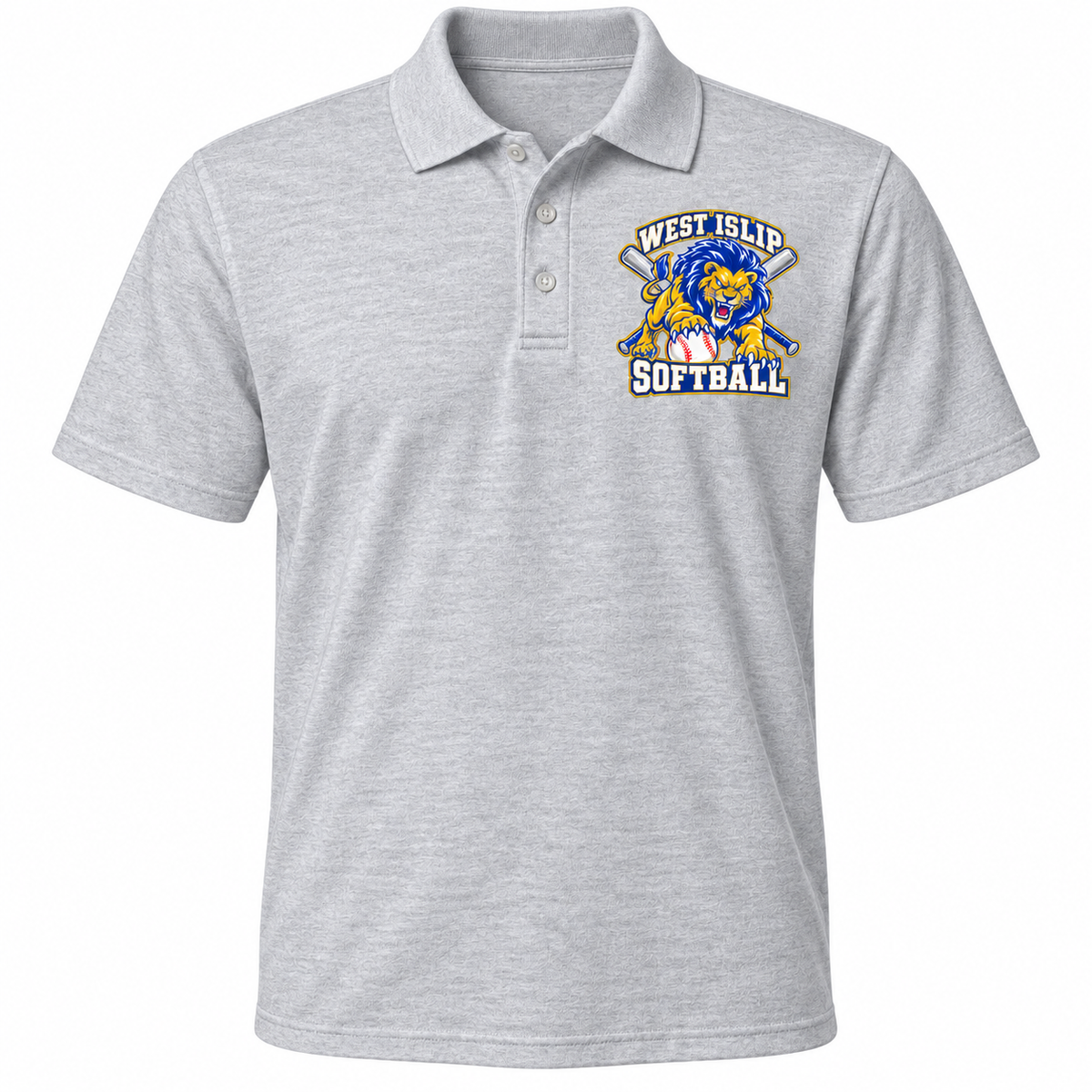 West Islip Softball Pounce Lion Polo in Heather Gray, front view with white softball