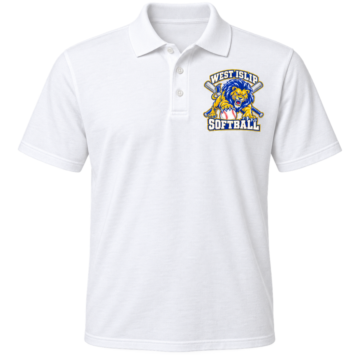 West Islip Softball Pounce Lion Polo in White, front view with white softball