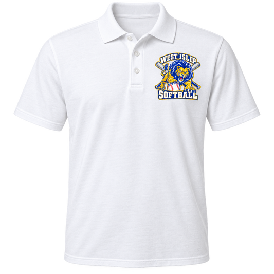 West Islip Softball Pounce Lion Polo in White, front view with white softball