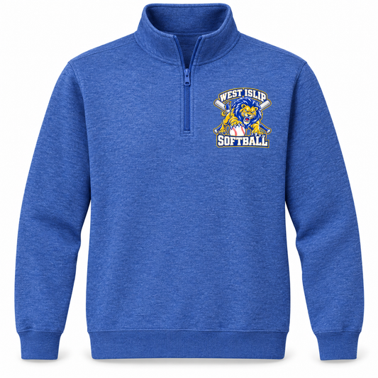 West Islip Softball Pounce Lion Fleece Quarter-Zip in Heather Royal, front view with white softball