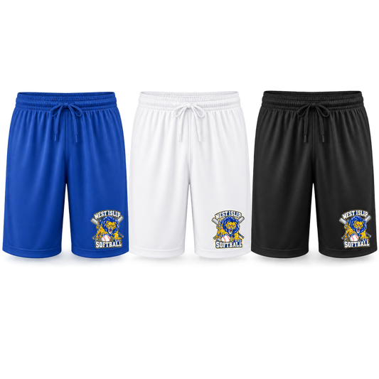 West Islip Softball Pounce Lion Adult Performance Practice Shorts — Royal Blue, White, Black
