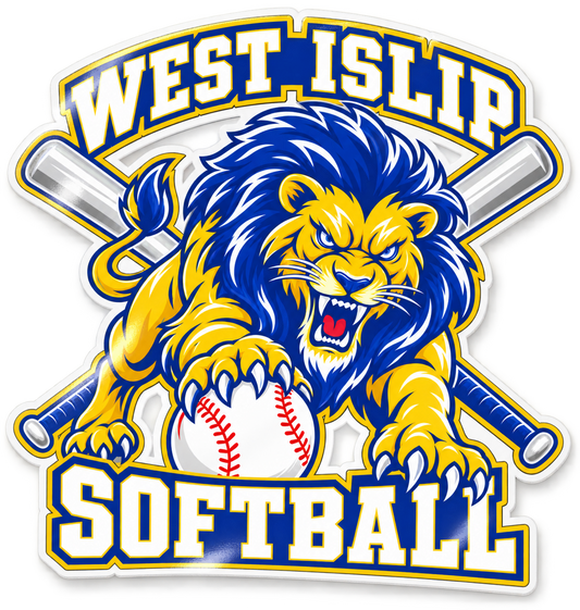 West Islip Softball Pounce Lion Die-Cut Vinyl Sticker — Royal, gold and white