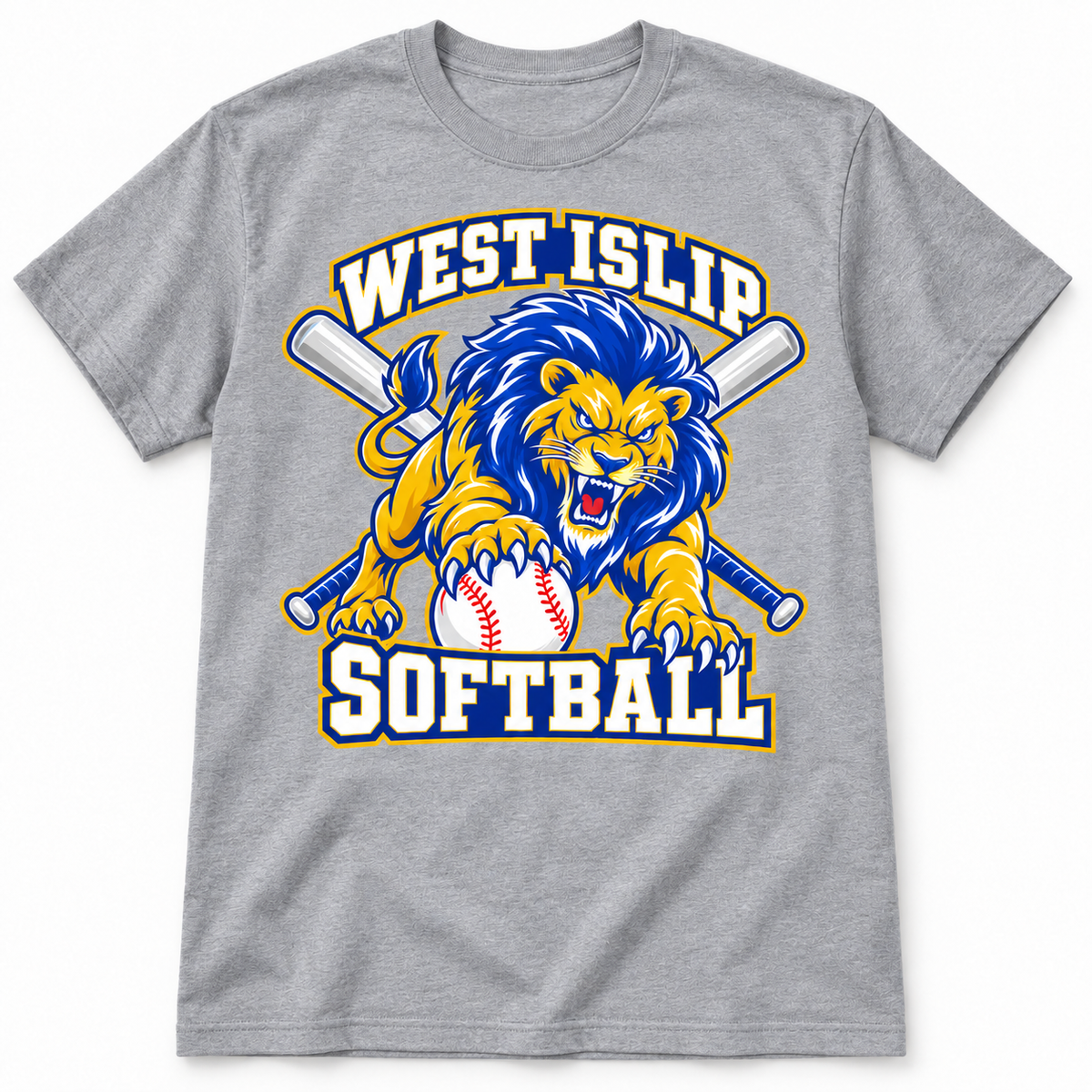 West Islip Softball Pounce Lion T-Shirt in Heather Gray, front view with white softball