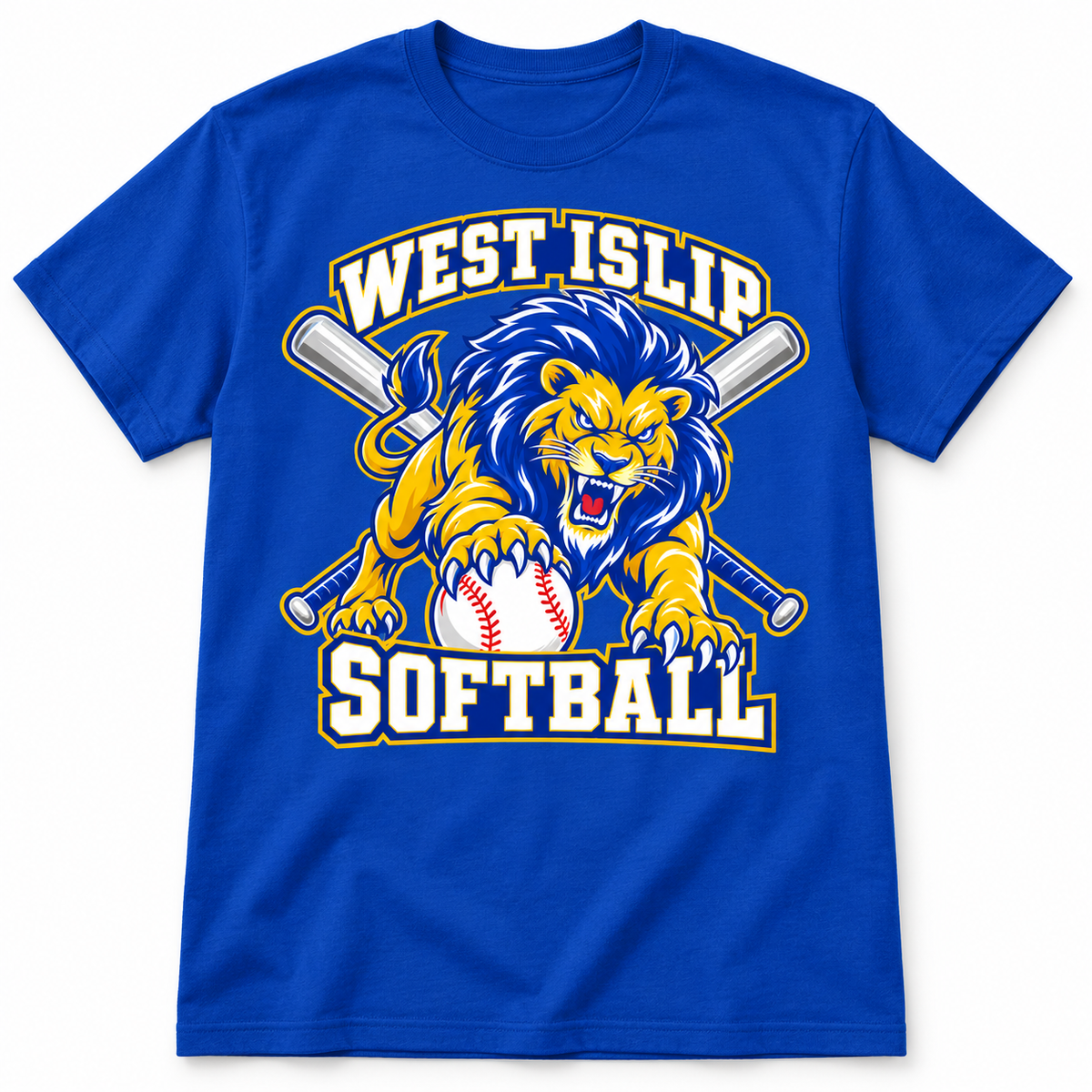 West Islip Softball Pounce Lion T-Shirt in Royal Blue, front view with white softball
