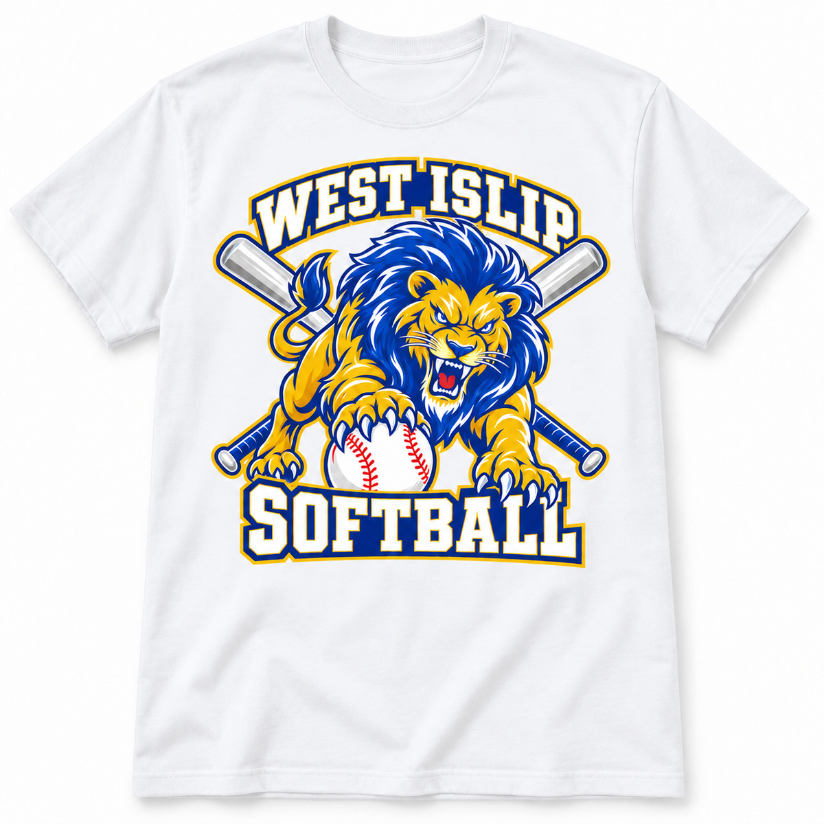 West Islip Softball Pounce Lion T-Shirt in White, front view with white softball