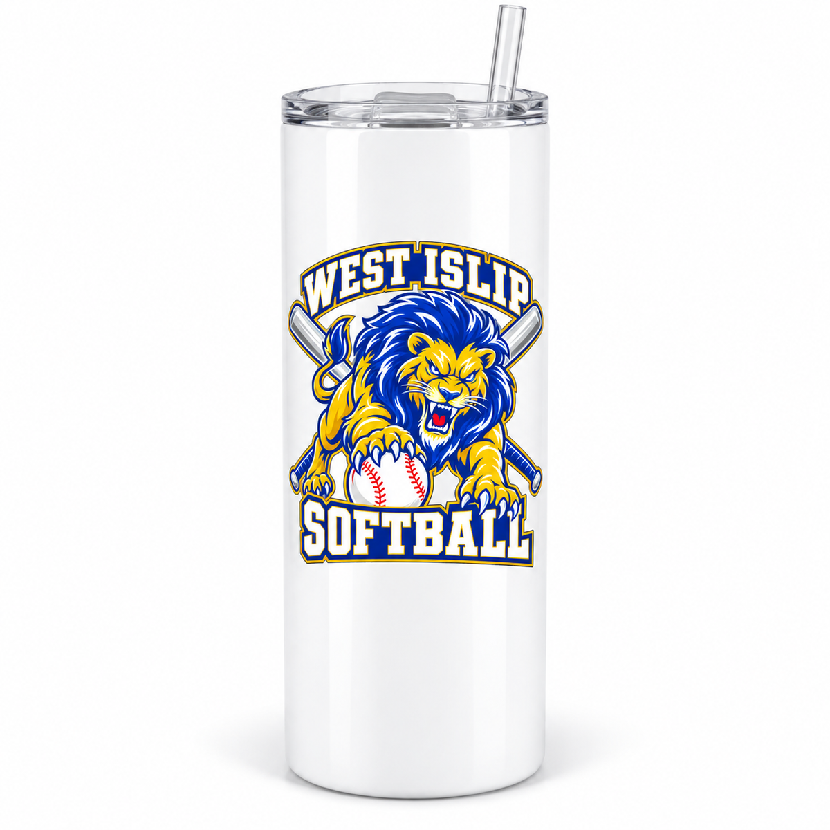 West Islip Softball Pounce Lion 20 oz Tumbler in White, front view with white softball
