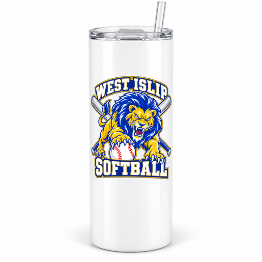 West Islip Softball Pounce Lion 20 oz Tumbler in White, front view with white softball