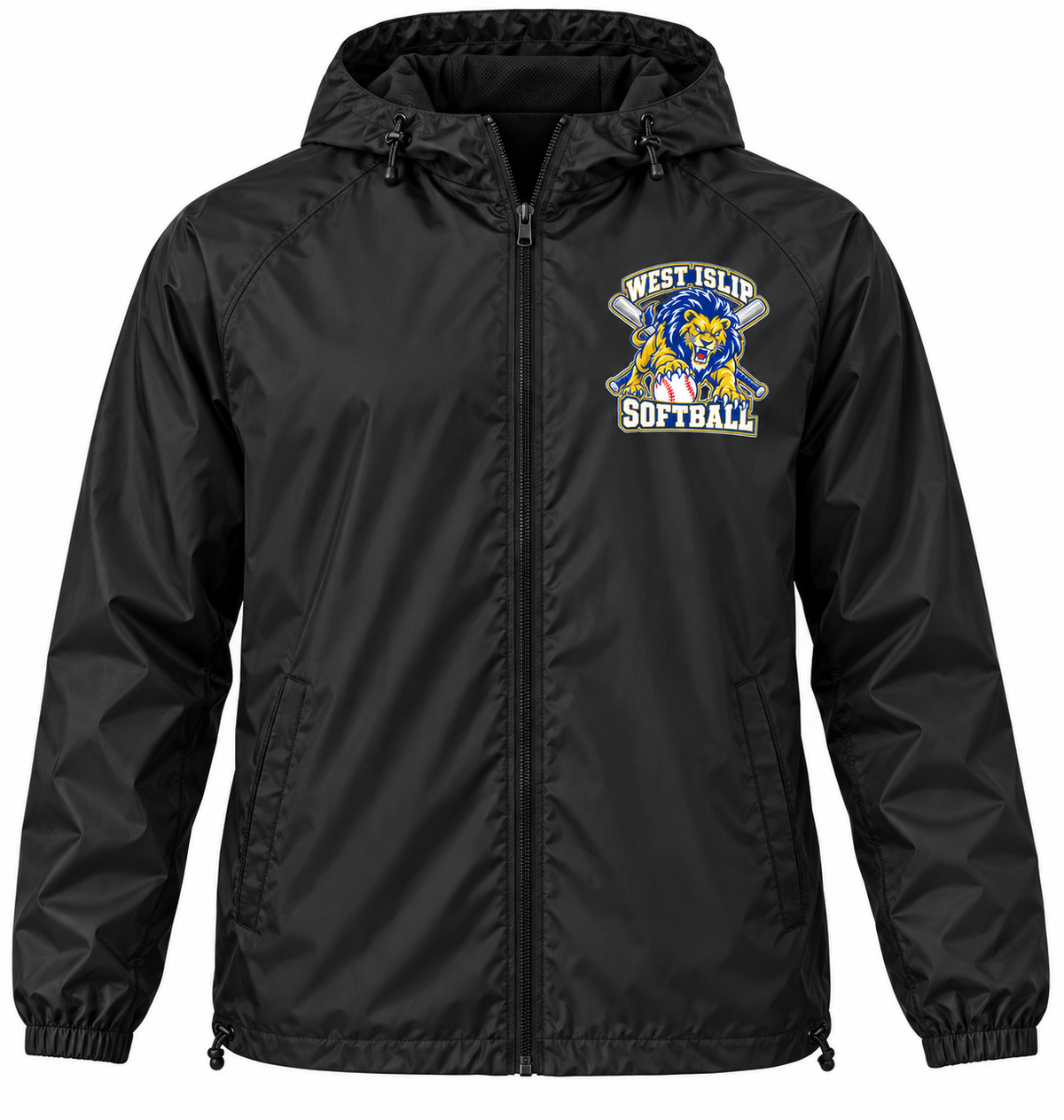 Black West Islip Softball Pounce Lion hooded windbreaker with white softball left-chest crest