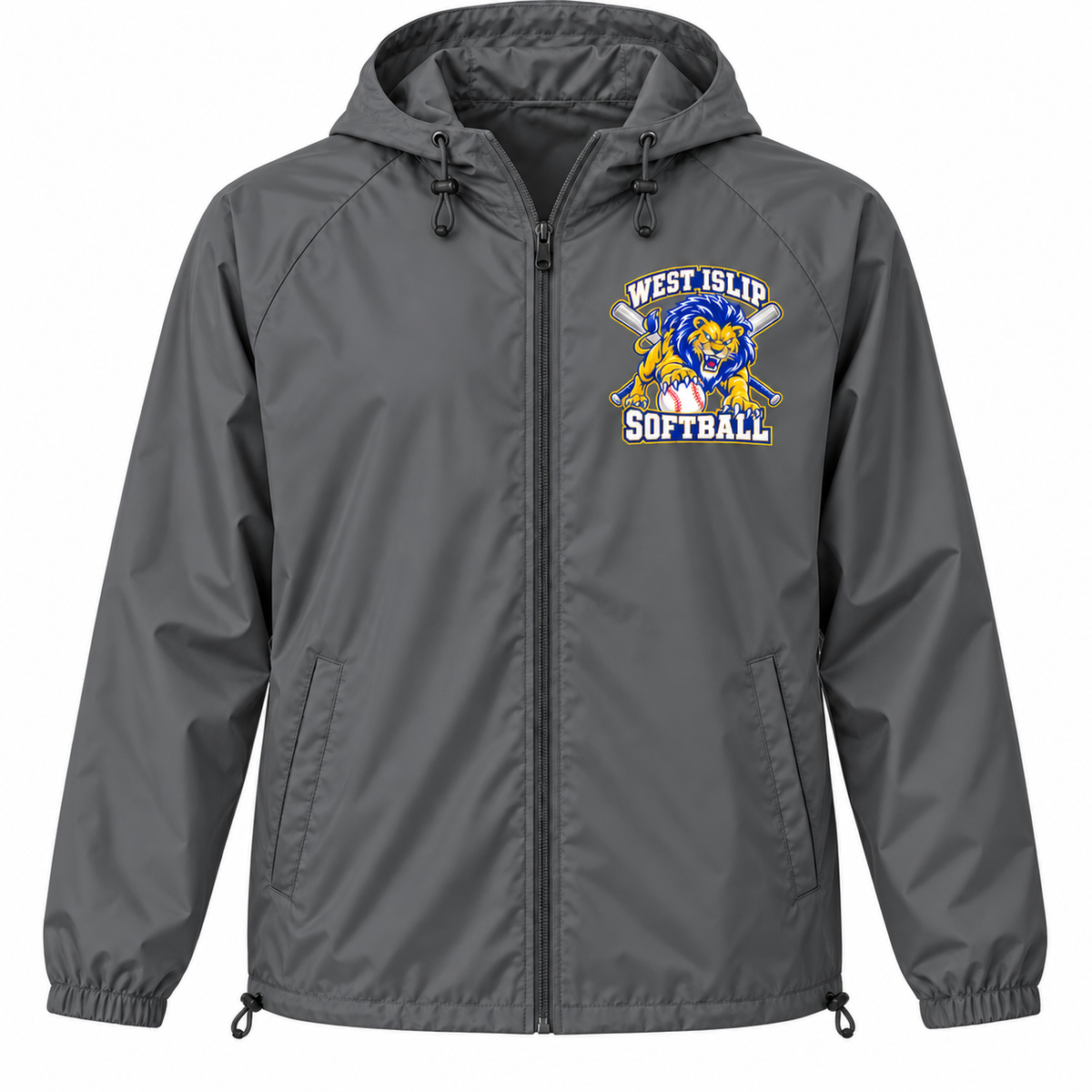 West Islip Softball Pounce Lion Hooded Windbreaker in Graphite Gray, front view with white softball