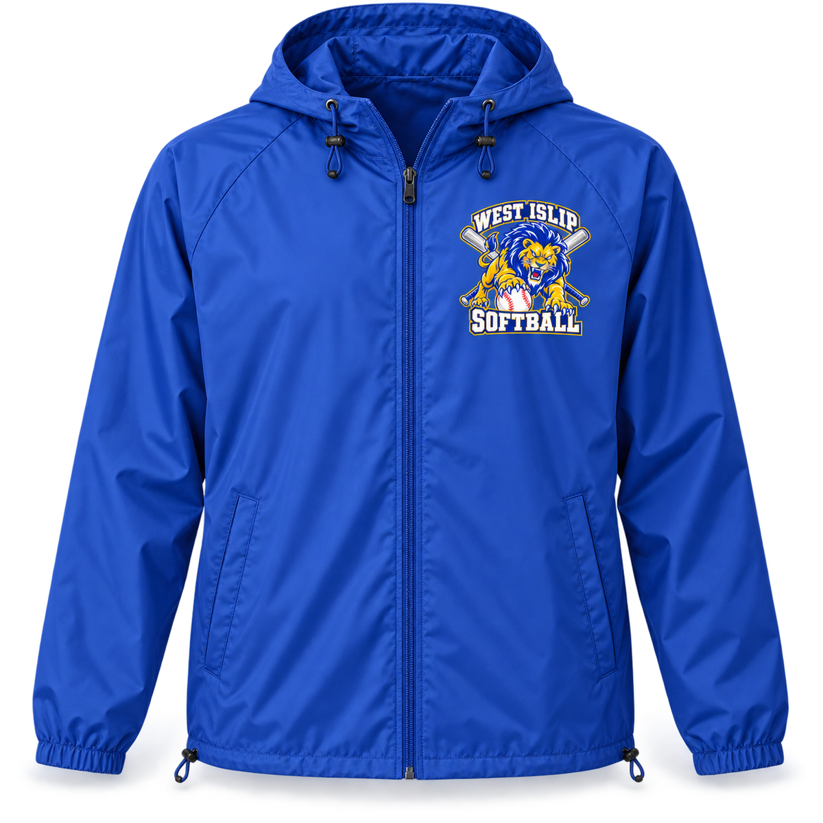 West Islip Softball Pounce Lion Hooded Windbreaker in Royal Blue, front view with white softball