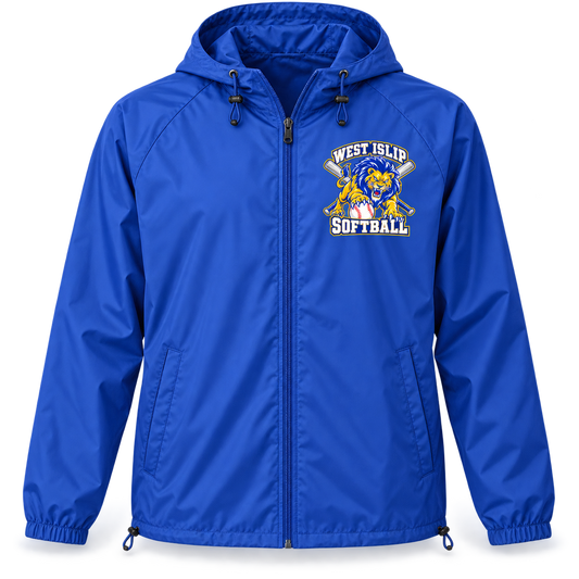 West Islip Softball Pounce Lion Hooded Windbreaker in Royal Blue, front view with white softball