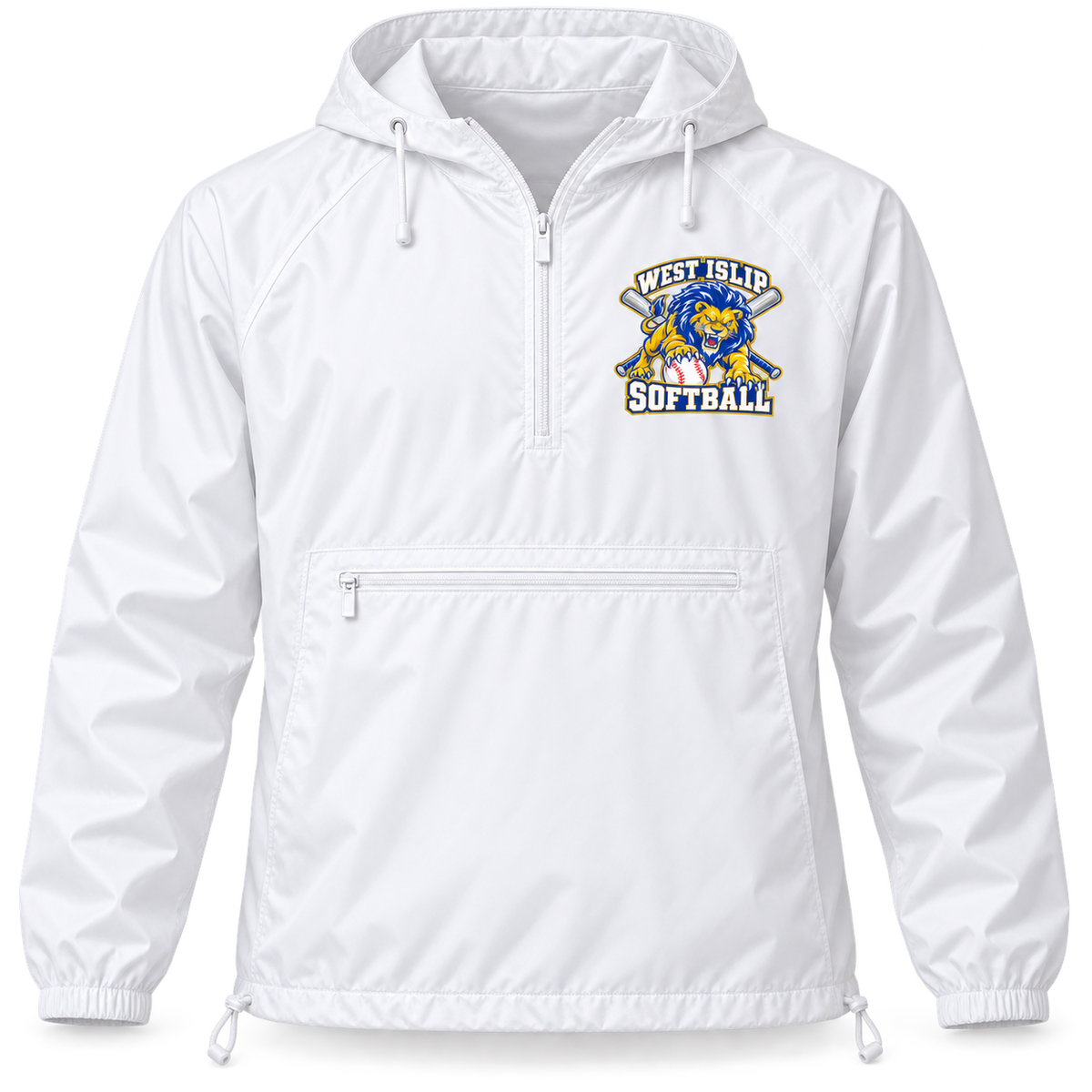 West Islip Softball Pounce Lion Quarter-Zip Windbreaker in White, front view with white softball