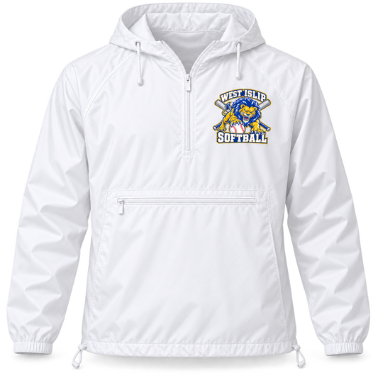 West Islip Softball Pounce Lion Quarter-Zip Windbreaker in White, front view with white softball