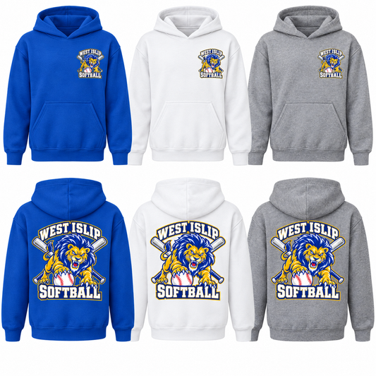 West Islip Softball Pounce Lion Youth Front & Back Hoodie — Royal Blue, White, Heather Gray