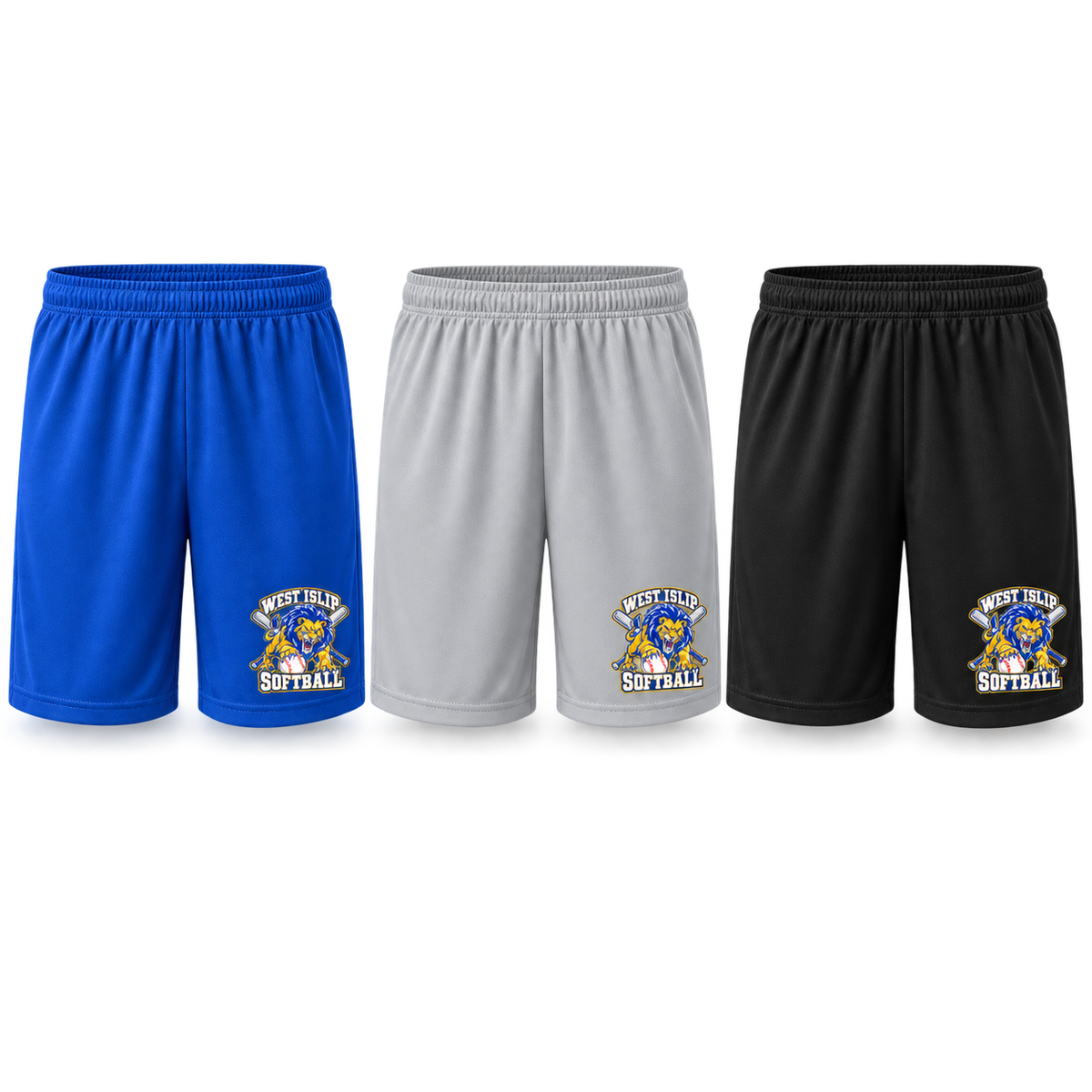 West Islip Softball Pounce Lion Youth Performance Practice Shorts — Royal Blue, Silver Gray, Black