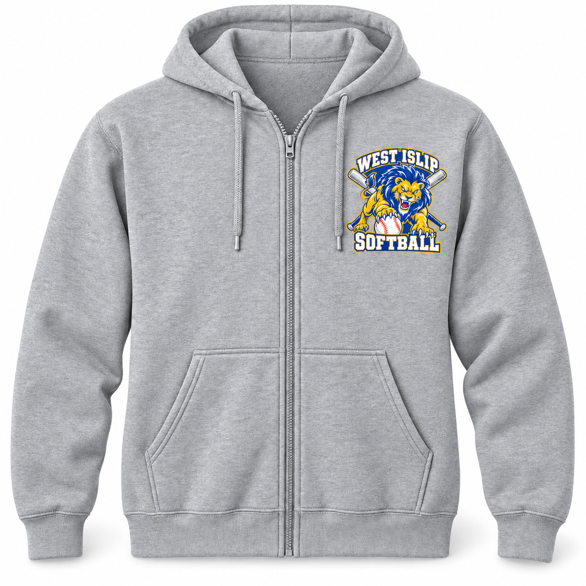 West Islip Softball Pounce Lion Full-Zip Hoodie in Heather Gray, front view with white softball