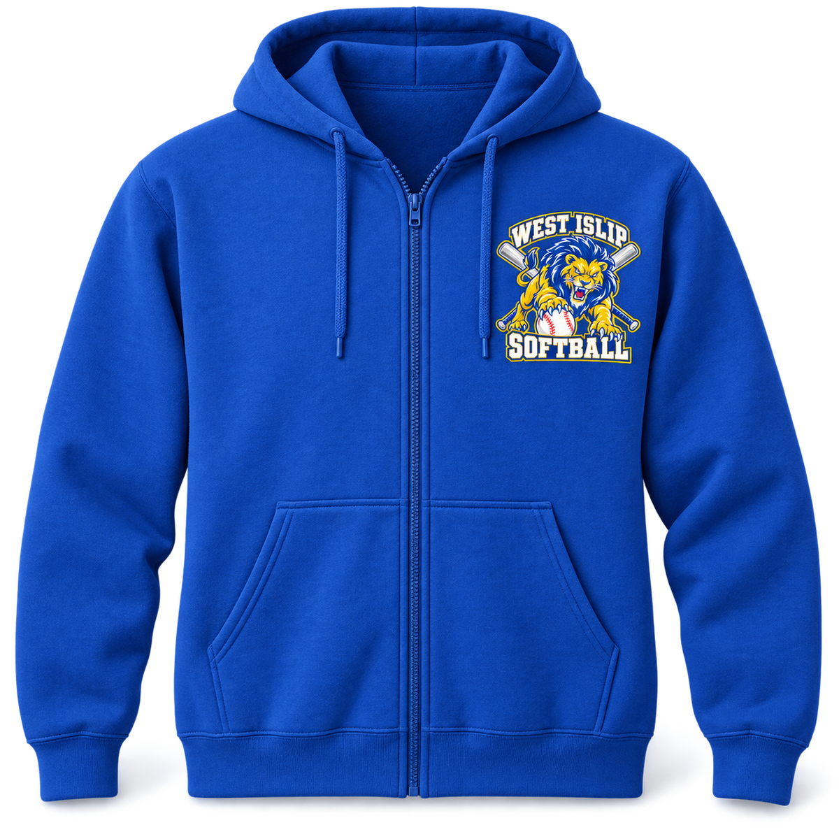 West Islip Softball Pounce Lion Full-Zip Hoodie in Royal Blue, front view with white softball