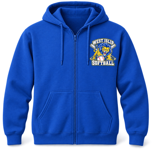 West Islip Softball Pounce Lion Full-Zip Hoodie in Royal Blue, front view with white softball