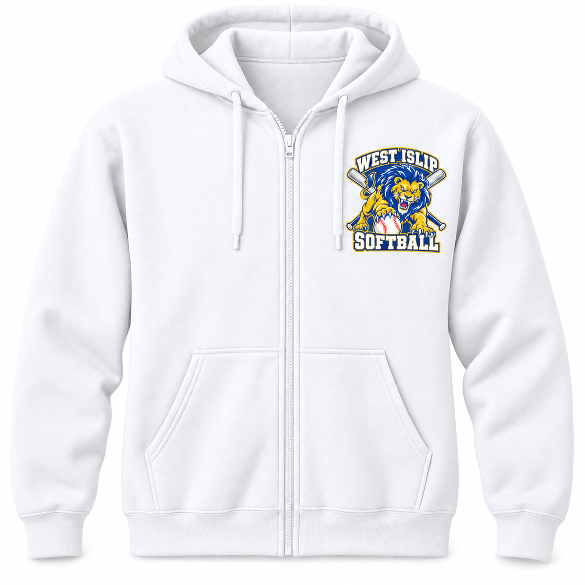 West Islip Softball Pounce Lion Full-Zip Hoodie in White, front view with white softball
