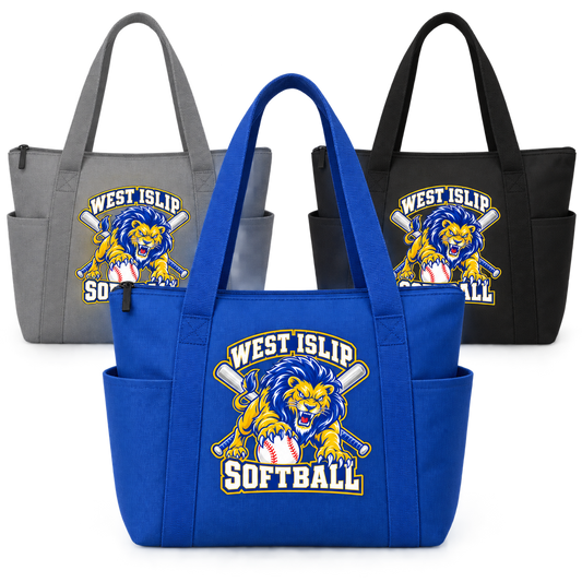 West Islip Softball Pounce Lion Essential Zippered Tote Bag in Royal Blue, Heather Gray, Black