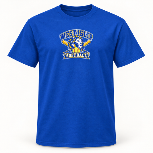 Royal blue West Islip Softball Lion Crest T-Shirt, front view