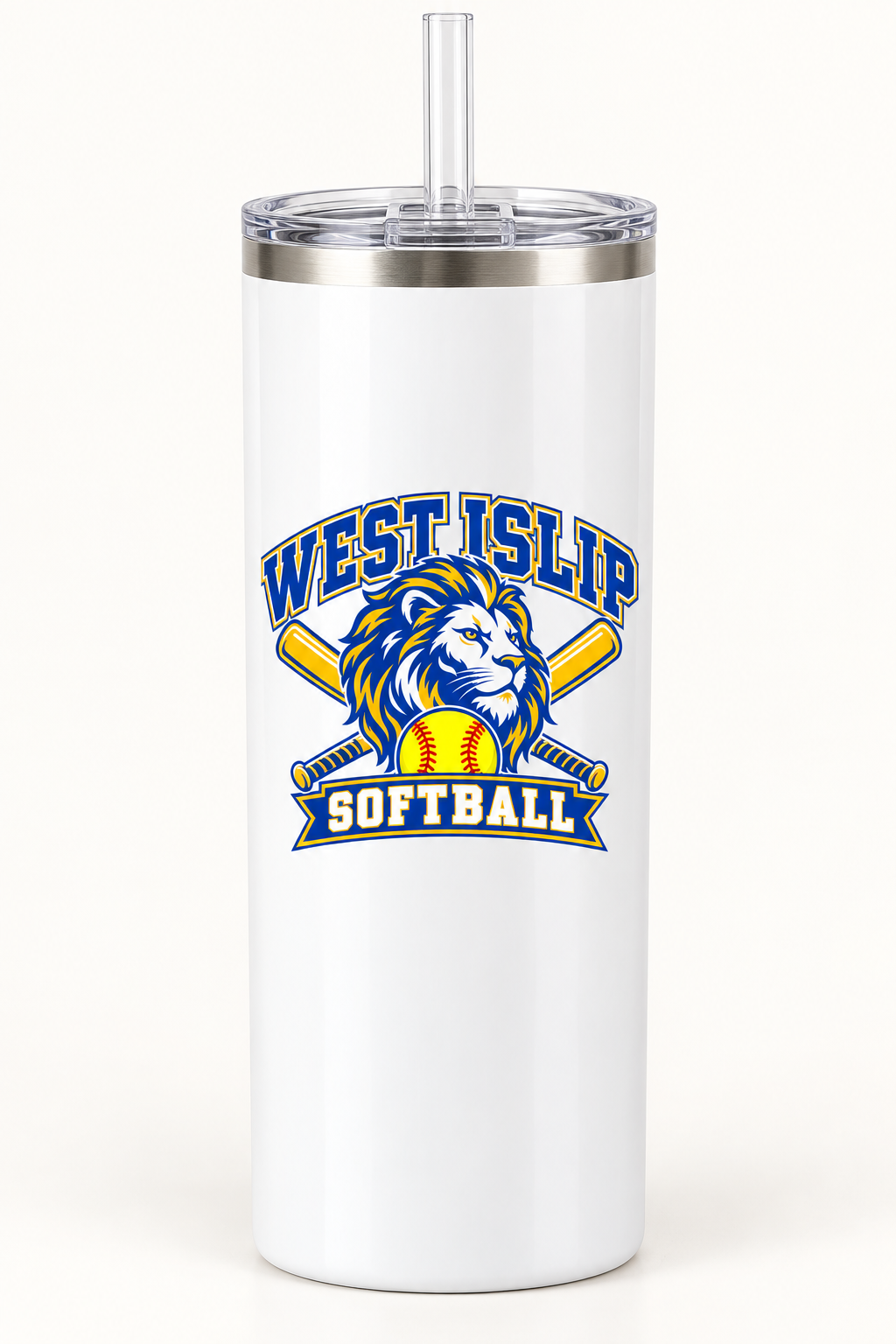 White 20 oz West Islip Softball lion crest tumbler with clear lid and straw