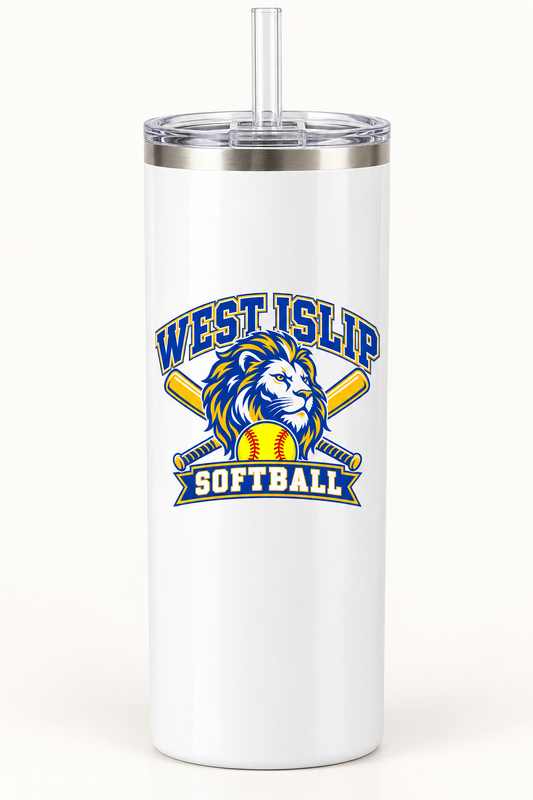 White 20 oz West Islip Softball lion crest tumbler with clear lid and straw
