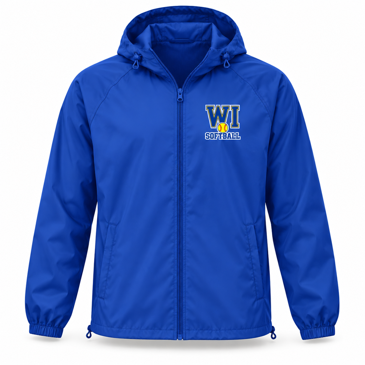 West Islip Softball WI Varsity Hooded Windbreaker in Royal Blue, front view