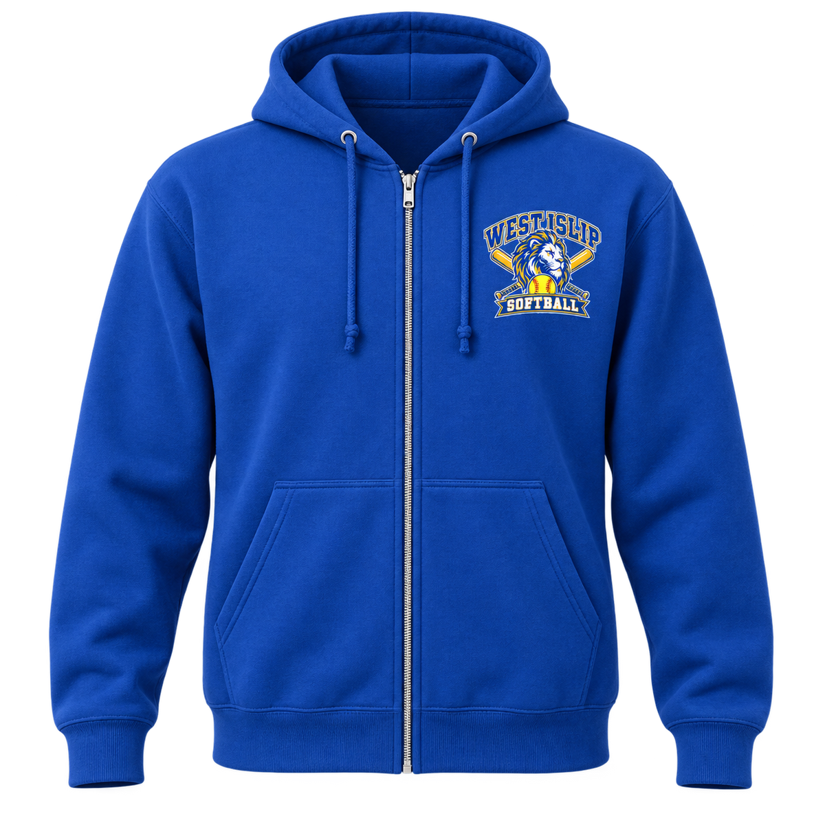 West Islip Softball Lion Crest Full-Zip Hoodie in Royal Blue, front view