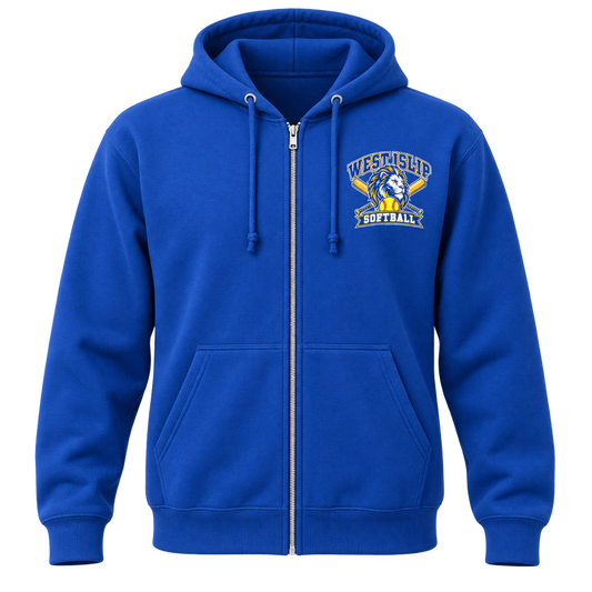 West Islip Softball Lion Crest Full-Zip Hoodie in Royal Blue, front view
