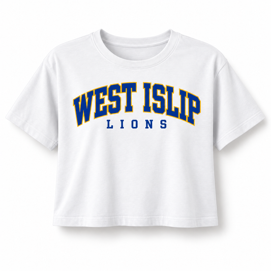 West Islip Lions Women's Campus Arch Crop Tee - White