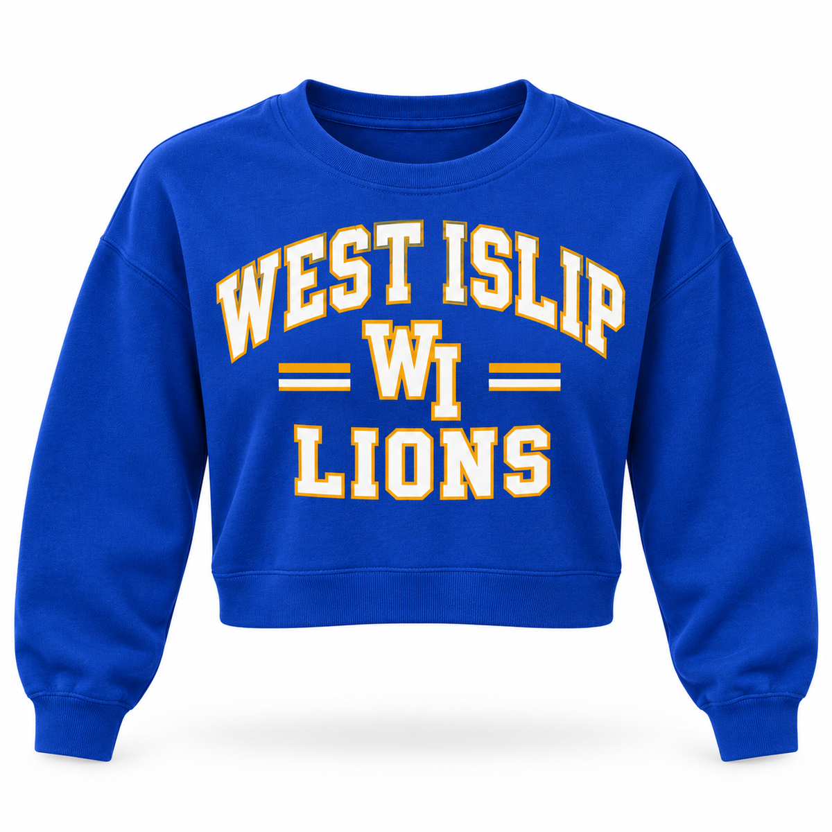 Royal blue West Islip Lions women's varsity arch crop crewneck sweatshirt