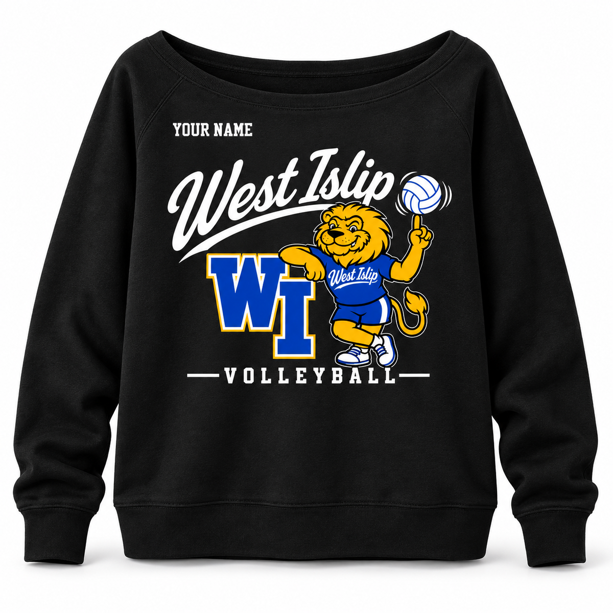 West Islip Volleyball women's wide-neck sweatshirt in Black, optional name example