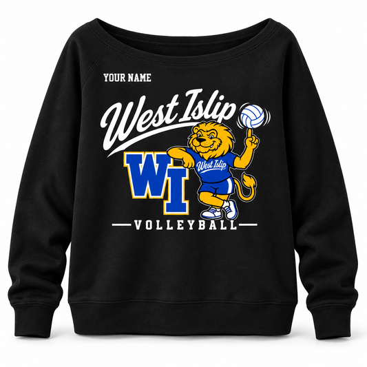 West Islip Volleyball women's wide-neck sweatshirt in Black, optional name example