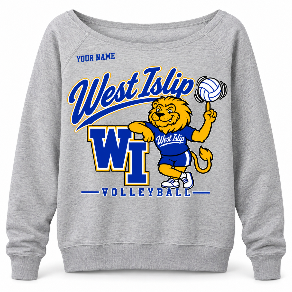 West Islip Volleyball women's wide-neck sweatshirt in Heather Gray, optional name example